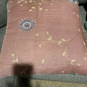 Embroidered Mauve Decorative Throw Pillow with Beaded Detail
